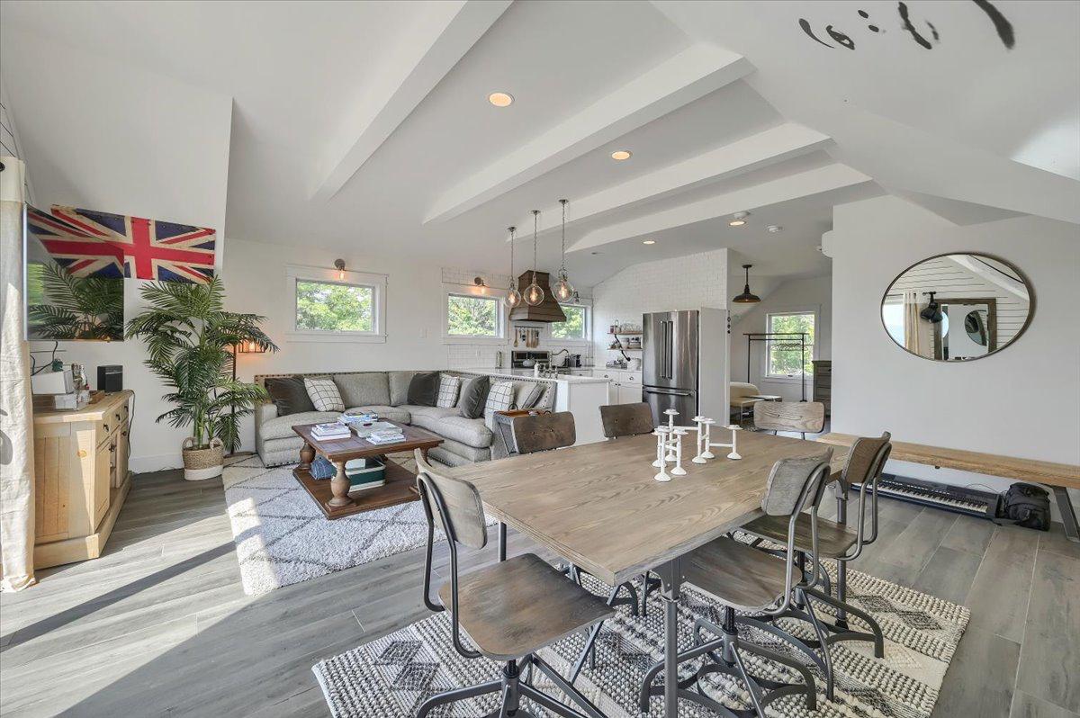 Barn apartment living area at The Westtown Reset — vaulted ceiling, kitchen, couple suite upstate NY